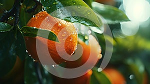 Wet orange fruits with raindrops on a branch