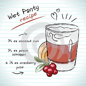 Wet panty cocktail, vector sketch hand drawn illustration, fresh summer alcoholic drink with recipe and fruits