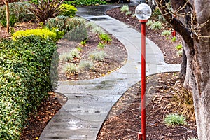 Wet paved trail going through a park on a rainy day; California