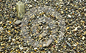 Wet Pebbles in the sun. Small stones pebbles sand background.