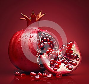 Wet pomegranate with seeds on a red background
