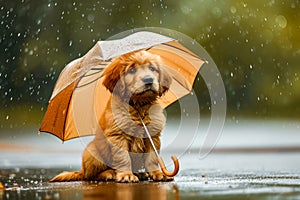 Wet puppy sits under umbrella on rainy day. Generative AI