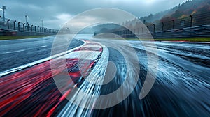 Wet race track with red and white curbs - generative ai photo