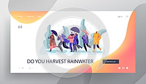 Wet Rainy Autumn or Spring Weather Website Landing Page, Happy Drenched Passerby People Wearing Boots and Cloaks