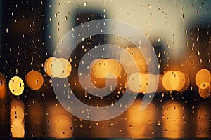 A wet rainy window, a blurred background of the lights of the night city
