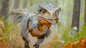 Wet raptor running through rainy prehistoric forest