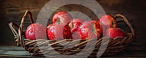 Wet red apples in a wicker basket