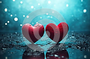 Wet red hearts with water droplets on rainy blurred bokeh background for Valentines Day