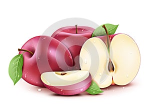 Wet Red Ripe Fresh Apples Sliced and Whole 3D Realistic with Water drops and Leaves