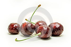 Wet ripe fresh cherries isolated on white background.