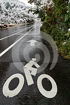 Wet road bicycle lane in the garden of the gods colorado springs