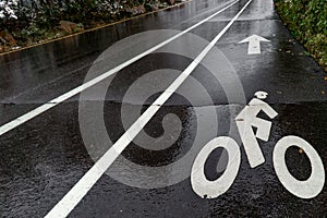 Wet road bicycle lane in the garden of the gods colorado springs