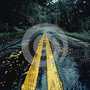 Wet Road With Yellow Line