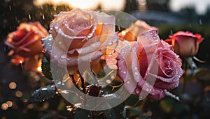 Wet rose flowers with rain drops in rustic garden