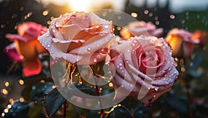 Wet rose flowers with rain drops in rustic garden