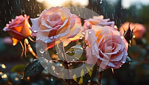 Wet rose flowers with rain drops in rustic garden