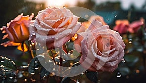 Wet rose flowers with rain drops in rustic garden