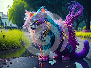 cat got dirty in paints, in the park. AI generated