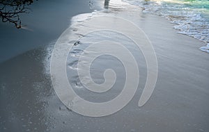 Wet sand beach with footprints