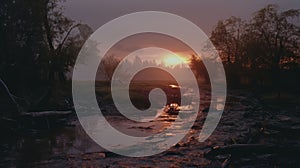 Wet Scenery At Evening Glow: A Photorealistic Capture With 35mm Lens And Kodak Film photo