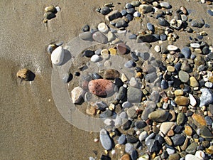 Wet sea pebbles on the sand