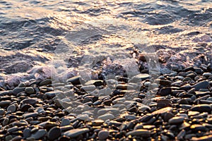 Wet shiny stones and small wave on the beach