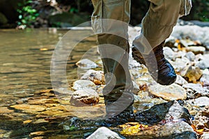 Wet shoes hiking travel lifestyle concept adventure,Cross the stream.