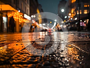 a wet sidewalk at night in front of the lights of a store