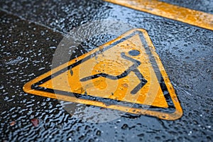Wet slippery road sign on pavement