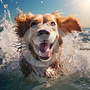 Wet smiling dog. Closeup image of golden retriver in water. Concept of nature, animals, fauna, hapiness, emotiona, lifestyle. AI photo