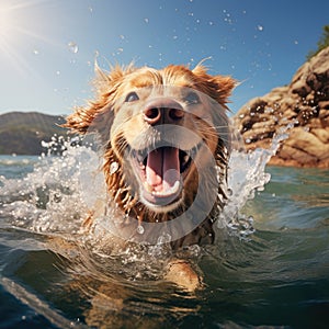 Wet smiling dog. Image of happy golden retriver in water. Concept of nature, animals, fauna, hapiness, emotions, lifestyle. AI photo