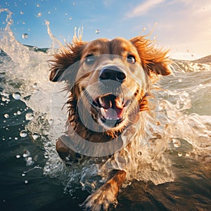 Wet smiling dog. Closeup image of swimming golden retriver in water. Concept of nature, animals, fauna, hapiness, emotiona, photo