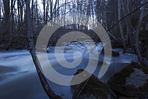 Wet stones in the foreground, spring flood of a usually small river in a forest in northern Sweden.