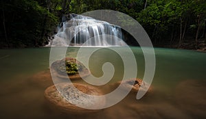 Wet stones in river stream in wild rainforest with waterfall