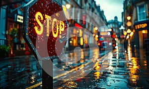 Wet stop sign with raindrops on a city street on a gloomy day, shallow depth of field, urban setting, road safety, traffic