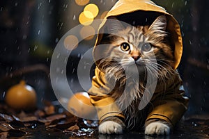 Wet stray sad kitten on a street on a rain