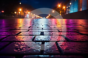 a wet street is lined with pink, purple and green lights