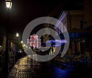 Wet street at night in Ljubljana