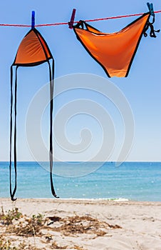 Wet swimsuit on the rope with pins on the beach. Orange swimsuit dried on clothesline on seascape background. Summer fashion.