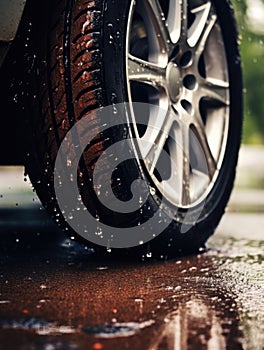 Wet tire splashing on rainy road. Concept highlights vehicle safety in rain