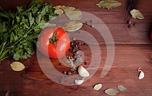 Wet tomato, herbs and spices on dark wood