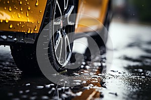 Wet traction Close up of car tires gripping rain soaked pavement