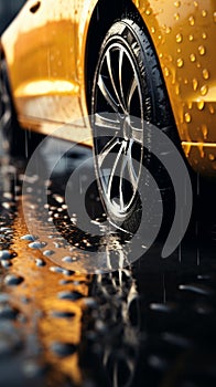 Wet traction Close up of car tires gripping rain soaked pavement