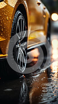 Wet traction Close up of car tires gripping rain soaked pavement