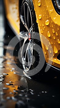 Wet traction Close up of car tires gripping rain soaked pavement