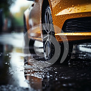 Wet traction Close up of car tires gripping rain soaked pavement