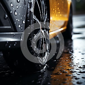 Wet traction Close up of car tires gripping rain soaked pavement