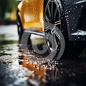 Wet traction Close up of car tires gripping rain soaked pavement