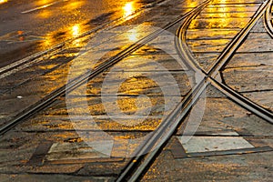 Wet trolley rails in the night