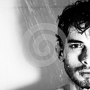 Wet water shower portrait black and white